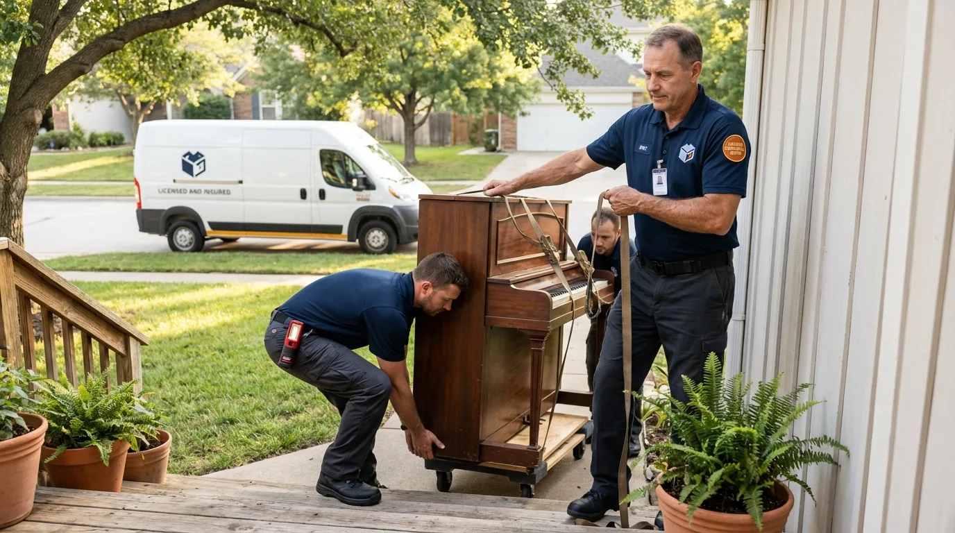 Licensed piano movers securing grand piano in Wellsville, KS