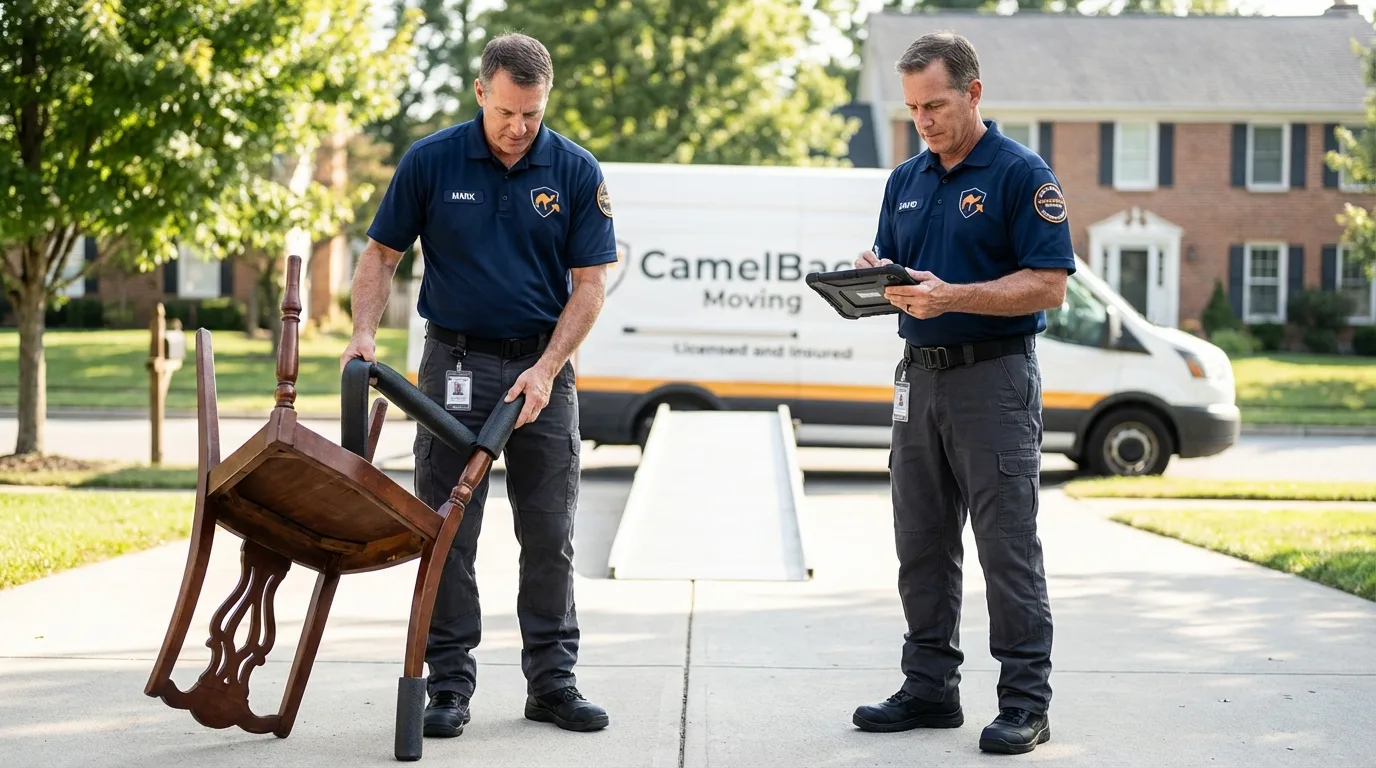 Movers inspecting furniture for damage prevention before loading in Wellsville, KS
