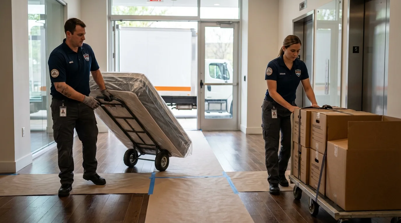 Professional apartment movers loading elevator in Wellsville, KS