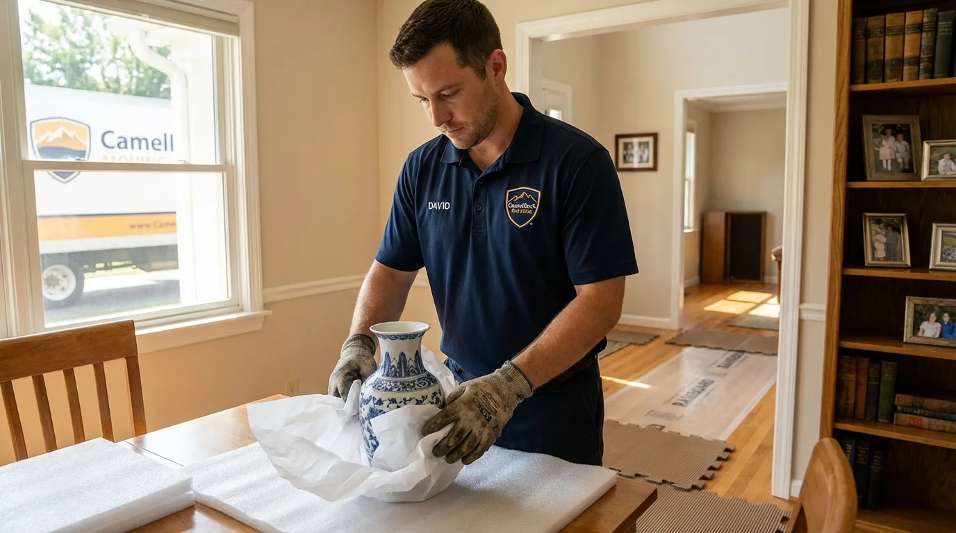 Professional crew carefully wrapping antique vase for senior downsizing move in Wellsville, KS